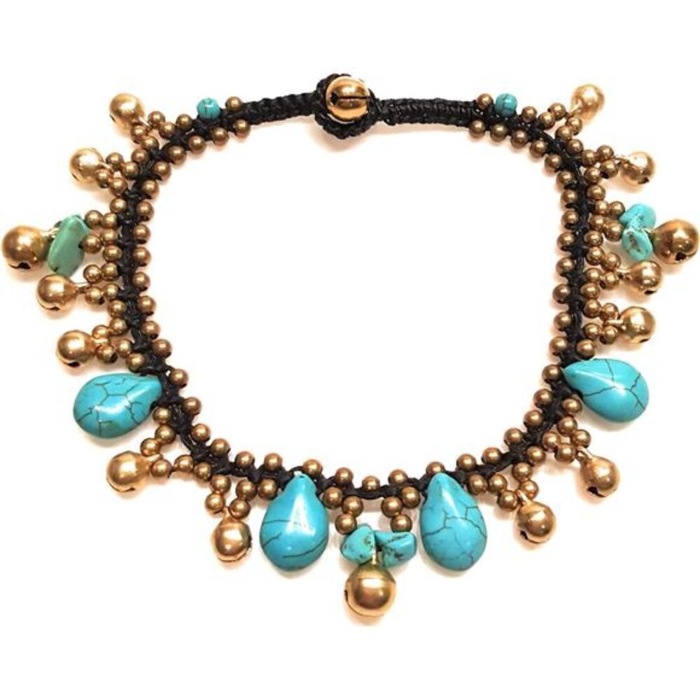 Turquoise Anklet Drop Handmade Brass Bead Bell Ankle Bracelet for